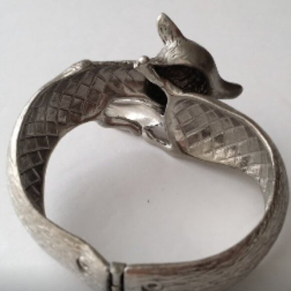 Vintage Castlecliff Silver Plated Fox Clamper Cuff Bracelet Vintage Hinged Fox - Picture 5 of 7